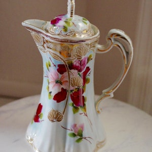 Floral Painted Ewer, Pitcher or Tankard With Lid Painted Flower Porcelain Ewer image 8