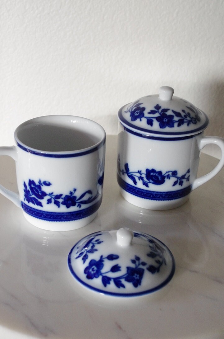 Blue and White Floral Tea Cups With Lids Pair of Blue Floral Etsy