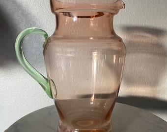 Vintage Light Pink Watermelon Pitcher with Green Handle, Pink Depression Glass Pitcher