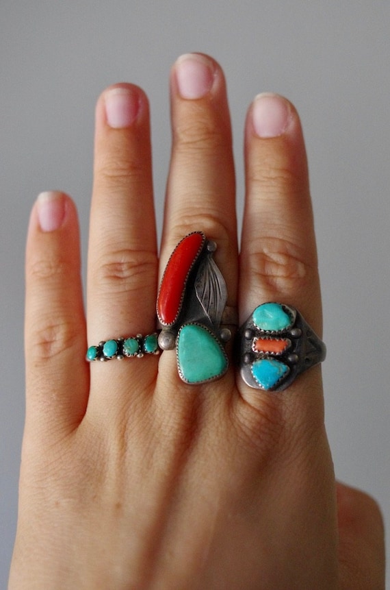 Vintage Navajo Turquoise and Coral Old Pawn Ring,… - image 1