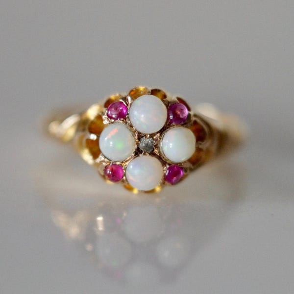 Antique Victorian Opal Cluster Ring in 15k Gold, Size 6