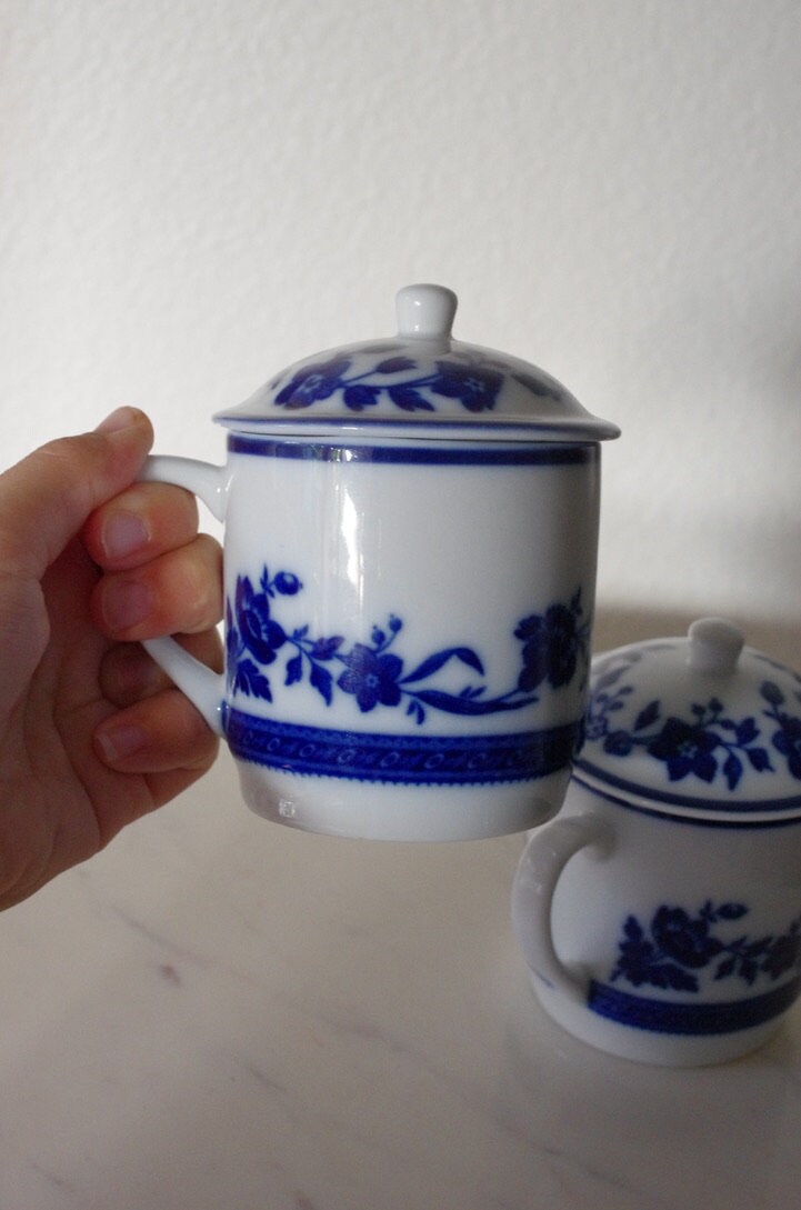 Blue and White Floral Tea Cups With Lids Pair of Blue Floral Etsy
