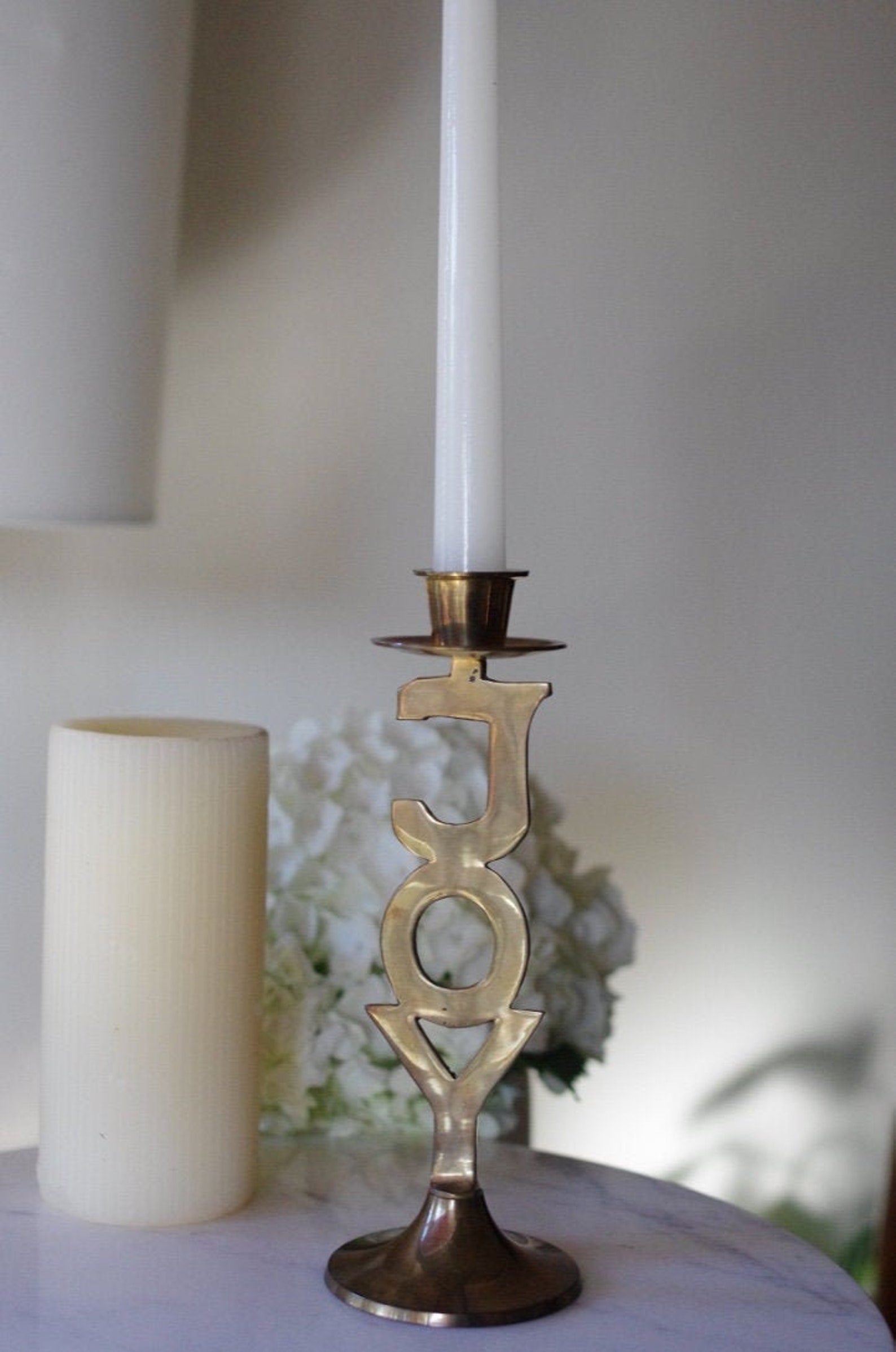 Vintage Brass Joy Candlestick Holder Joy Candle Holder by Etsy