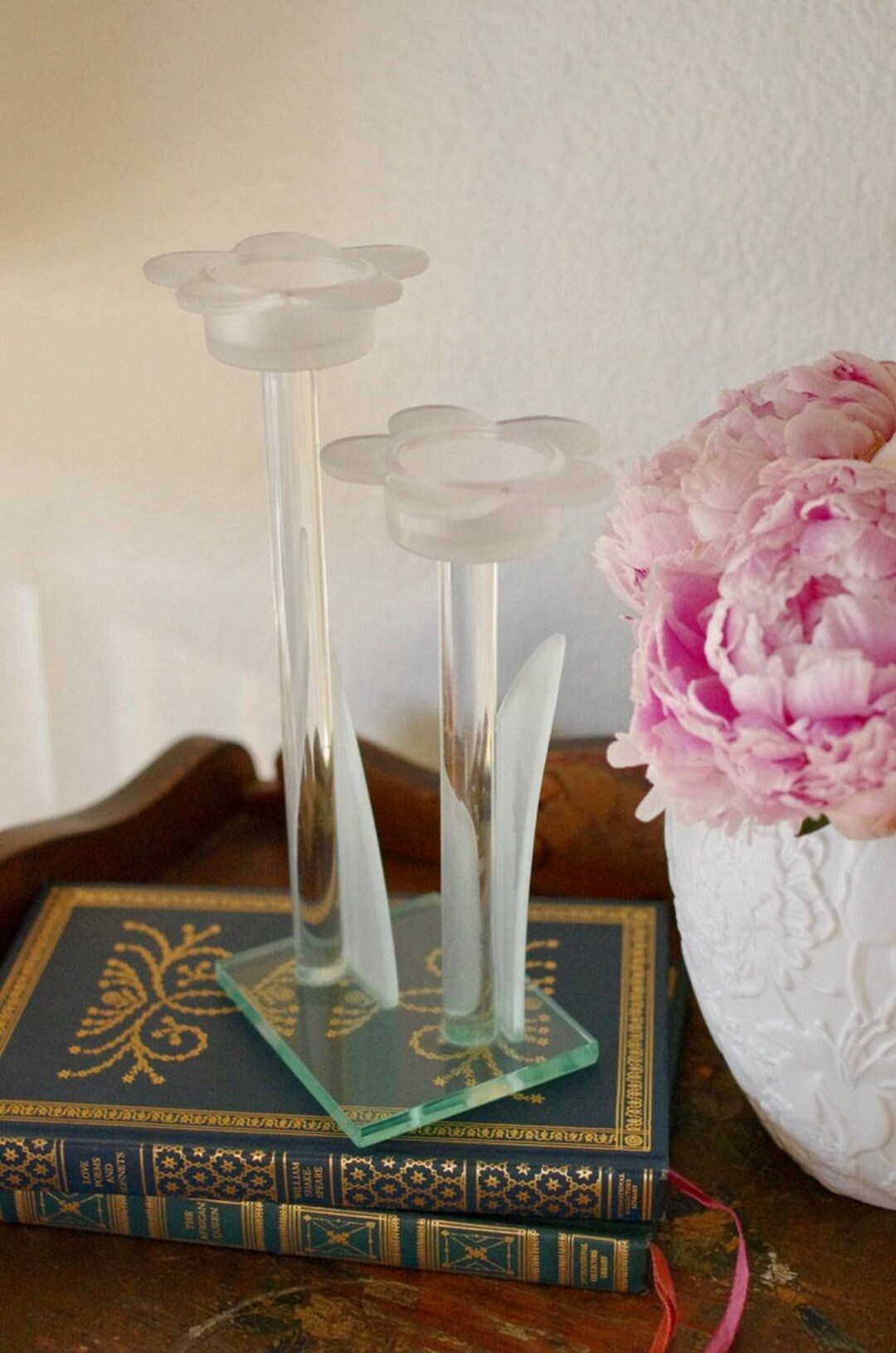 Frosted Glass Flower Candle Holder Clear Glass Candelabra Etsy