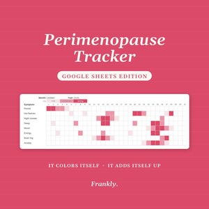 以下が含まれることがあります： ピンク色の背景に表示されたPerimenopause Tracker Google Sheets版のデジタルテンプレート。月経、ホットフラッシュ、ブレインフォグなどの症状を31日間にわたって色分けされた強度スケールで表示するグラフ。テキスト：IT COLORS ITSELF · IT ADDS ITSELF UP. Frankly。