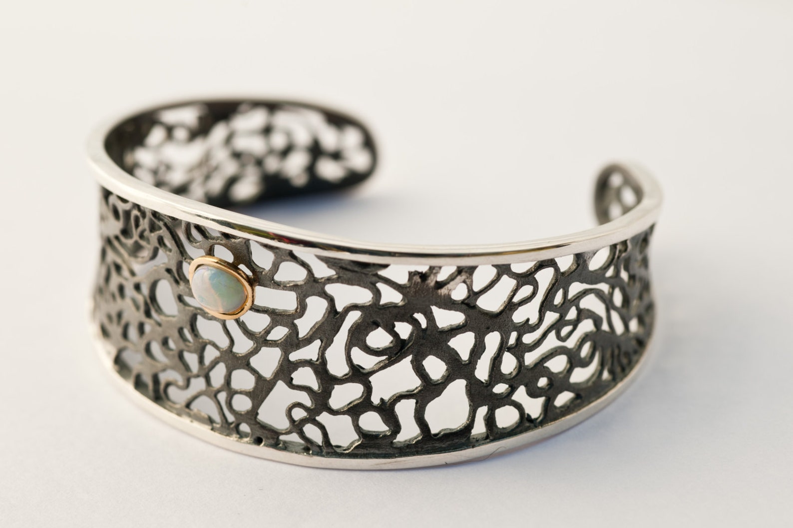 Handmade Silver Bracelet Cuff Filigree Bracelet Silver, Gold and Opal