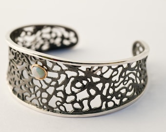 Handmade Silver Bracelet Cuff - Filigree bracelet - Silver, Gold and Opal - Lace Collection