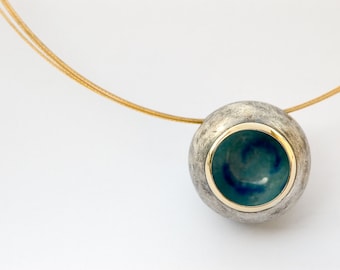 Handmade modern round pendant.Silver, Gold & Blue Kiln Fired Enamel. Marina Collection