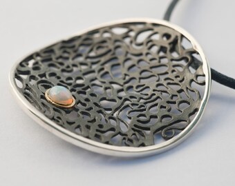 Handmade Silver Necklace, Opal Pendant, Round Filigree necklace - Black Sterling Silver, Gold &Opal