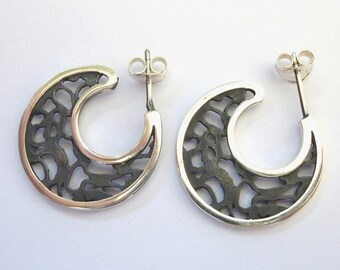 Small filigree sterling silver hoops- Black & White Silver earrings- Designer earrings