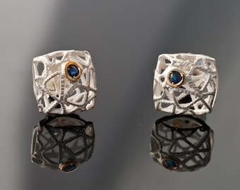 Delicate Sterling Silver & Gold Square geometric earrings with Sapphires-Gifts for Her