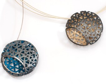 Handmade Geometric Necklace- Black Sterling Silver & 18k Gold -Two toned pendant- Modern Circle Necklace- Triangle filigree-Gifts for Her