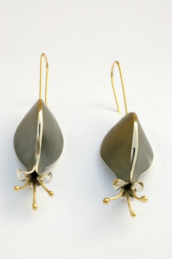 Art Nouveau Dangles, Small Flower Earrings, Black Silver & 18k Gold drop earrings,Flower dangles,Spring celebrations, Perfect Gift for Her!