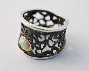 Handmade  Opal Ring - Designer ring - Filigree ring - oxidized Sterling Silver, Gold -