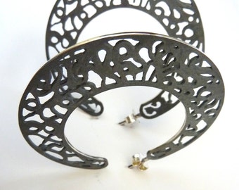 Sterling Silver Large Earrings Hoops- Slender Filigree Hoops- Black & White Earrings- Special gift for Her