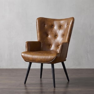 Sillón orejero de piel sintética / Sillón auxiliar capitoné / Estilo moderno de mediados de siglo