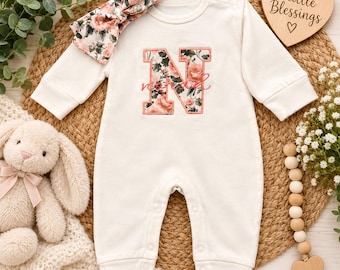Custom Embroidered Newborn Romper: Floral Applique, Personalized Gift