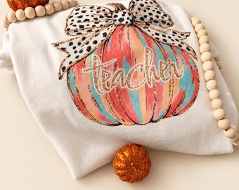 Personalized Autumn Pumpkin Shirt for Teachers, Custom Fall Seasonal T-Shirt with Bow Design
