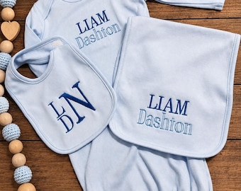 Embroidered Name Sleeper, Bib, and Burp Cloth Set for Newborns – Customizable Baby Apparel