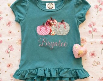 パーソナライズされたパンプキンフリルシャツ、女の子用長袖フリル、感謝祭ベビー服、秋