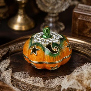 Caja de baratijas de calabaza esmaltada, joyero con estrella de diamantes de imitación, soporte para anillos de estilo vintage, estuche para recuerdos de cuento de hadas
