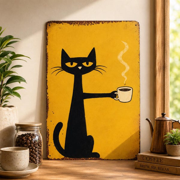 Funny Black Cat Metal Sign, Cat Coffee Sign Vintage Cat Wall Decor, Coffee Lover Gift, Farmhouse Kitchen Decor, Retro Cat Art Cat Lover Gift