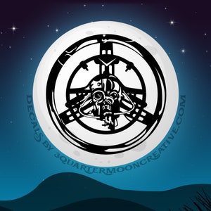 May include: A black and white illustration of a skull wearing a gas mask, set against a full moon with a starry night sky. The text "DECALS BY 3QUARTERMOONCREATIVE.COM" is written around the moon.