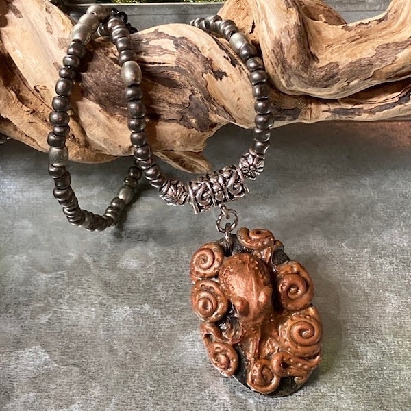 Octopus Necklace, Sculpted Pendant, OOAK, Wearable Art, Necklace, Perfect Gift, Gift For Her, Ocean Gift, Ocean Art, Octopus Art