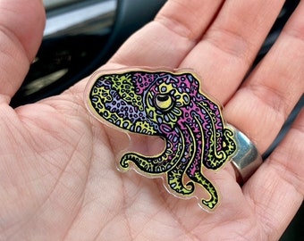 Acrylic Pin, Custom Art Pin, Squid Art, Colorful Squid Pin, Cute Acrylic Pin