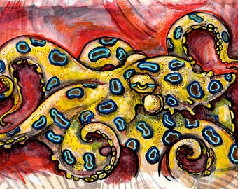 Blue Ringed Octopus, Artwork, Ocean Art, Print for Bathroom, Art Print