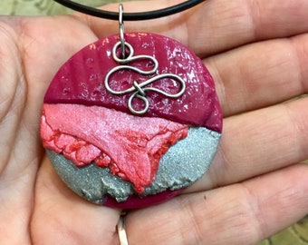 Circle Pendant, Abstract Art, Polymer Clay Necklace, Artisan Pendant, Handmade Jewelry, Round Pendant, Mom Gift, Wire Wrap Necklace