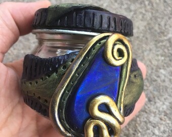 Art Stash Jar, Polymer Clay Art, Stash Jar, Small Jar, Decorative Jar, Clay Jar, Repurposed Art, Recycled Art, Purple Anodized Hematite