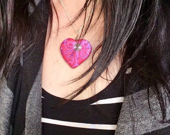 Heart Necklace, Polymer Clay Necklace, Heart Pendant, Handmade Jewelry, Pink Heart, Gift for Her, Mom Gift, Sculpted Necklace,