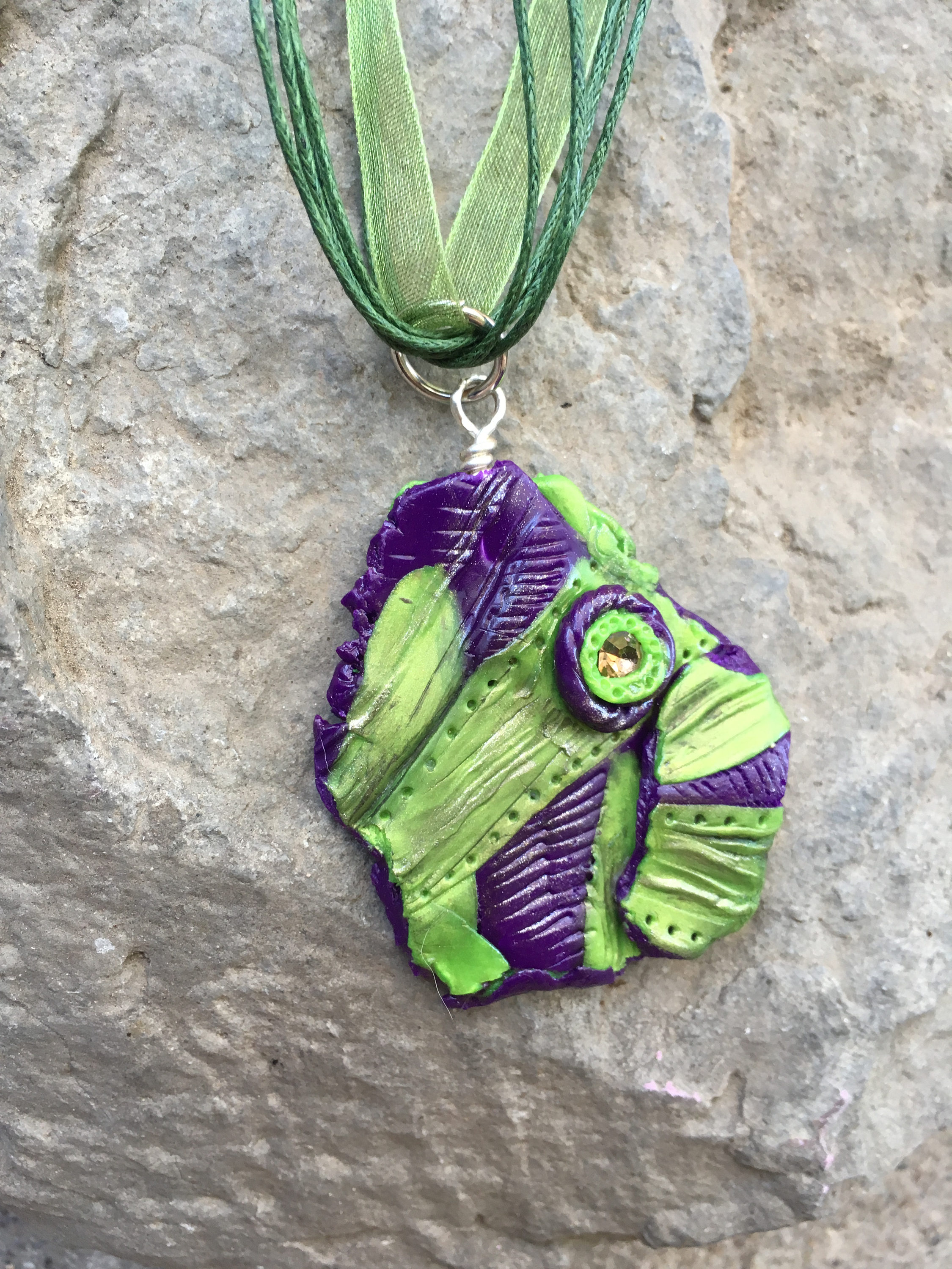 Abstract Jewelry, Polymer Clay Pendant, Green Pendant, Purple Pendant