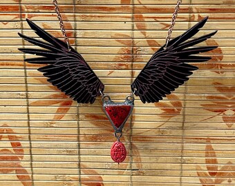 Raven Necklace, Witchy Necklace, Bird Necklace, Handmade Jewelry, Brutalist Jewelry, Bellydance Jewelry, Gift for Goth, Viking Necklace