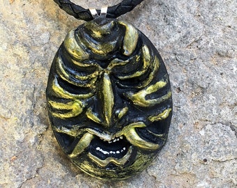 Japanese Jewelry, Japanese Mask, Halloween Necklace, Resin Jewelry, Anime Jewelry, Handmade Jewelry, Oval Pendant, Wearable Art