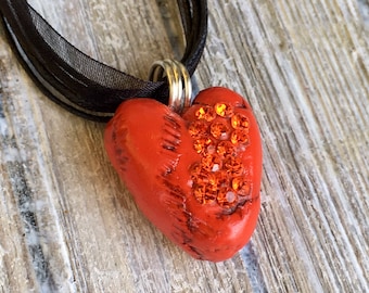 Heart Necklace, Polymer Clay Necklace, Artisan Pendant, Handmade Jewelry, Heart jewelry, Gift for Her, Red Heart, Swarovski Crystal Necklace