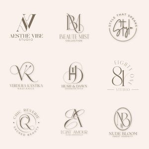 Op de afbeelding: Een verzameling van negen donkerbruine logo-ontwerpen op een lichtbeige achtergrond, met diverse monogrammen en merknamen waaronder AESTHE VIBE STUDIO, BEAUTE MIST COLLECTION, Stylo, VERDURA KANTIKA, HUSH & DAWN, EIGHTY ONE, CHIC REVERIE, ECIAT AMOUR en NUDE BLOOM.