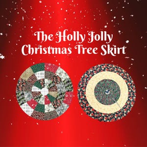 May include: Two circular Christmas tree skirts against a red background with white confetti. The left skirt features a patchwork of holiday patterns including trees and snowflakes. The right skirt has concentric rings of floral and cream fabric.