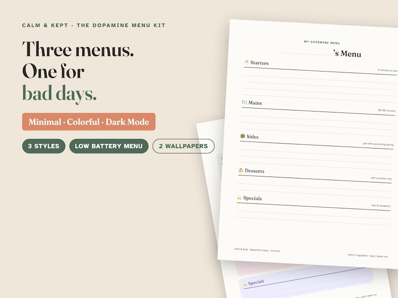 Menu dopaminy do druku, zestaw menu dopaminy ADHD w formacie PDF, 3 style + ekran blokady telefonu + menu przy niskim poziomie baterii, szablon Dopamenu, samoopieka w ADHD zdjęcie 2