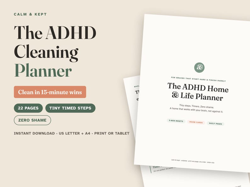 Harmonogram sprzątania i system resetowania domu dla osób z ADHD, planer dysfunkcji wykonawczych, dzienny planer ADHD dla dorosłych, strony inicjowania zadań, list A4 zdjęcie 1