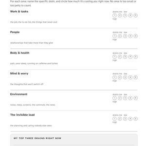 May include: A white paper worksheet titled Energy Audit Depletion Map with sections for Work and tasks, People, Body and health, Mind and worry, Environment, and The invisible load. Each section includes a numbered scale from 1 to 5.