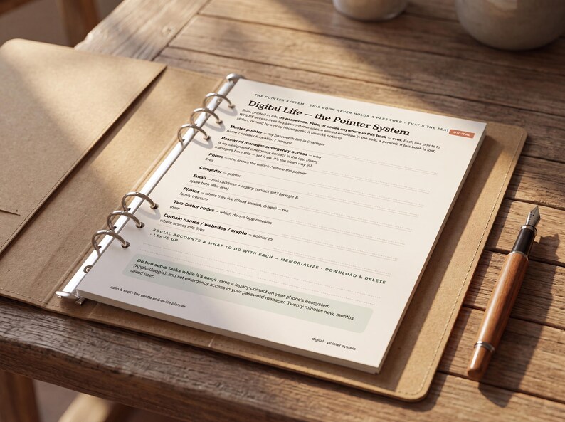 May include: A ring-bound planner page titled Digital Life - the Pointer System, featuring printed sections for recording digital account information, emergency access details, and legacy contacts, accompanied by a wooden fountain pen.