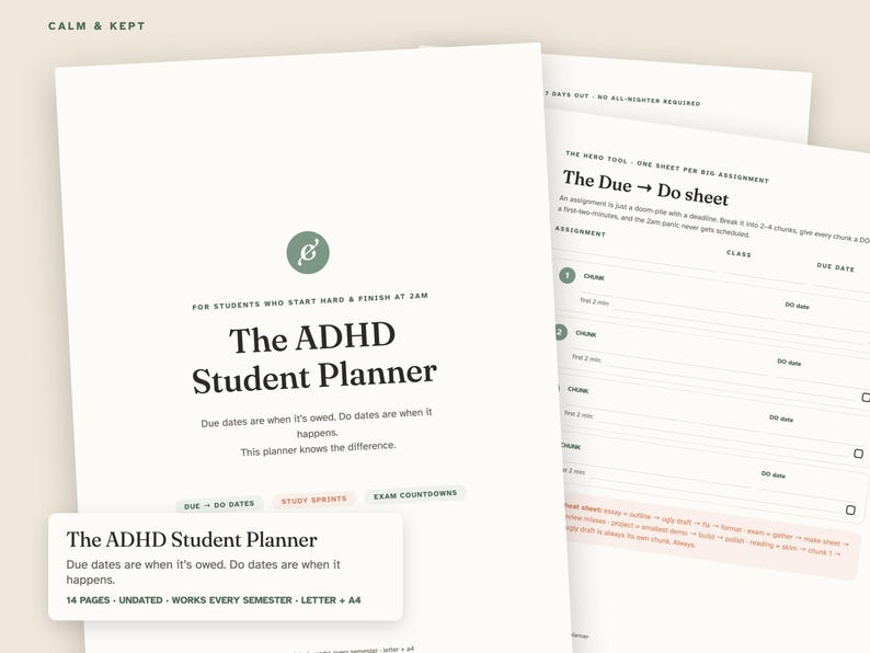 ADHS-Schülerplaner, druckbarer Schülerplaner, System für Abgabetermine und Erledigungen, Lern-Sprint-Protokoll & Prüfungs-Countdown, undatiertes PDF, US Letter + A4 Bild 1