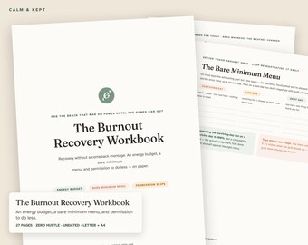 Arbeitsbuch zur Burnout-Bewältigung, Burnout-Tagebuch zum Ausdrucken, Energiebudget-System, Minimalmenü, Selbstfürsorge-Arbeitsbuch, ausfüllbares PDF, DIN A4