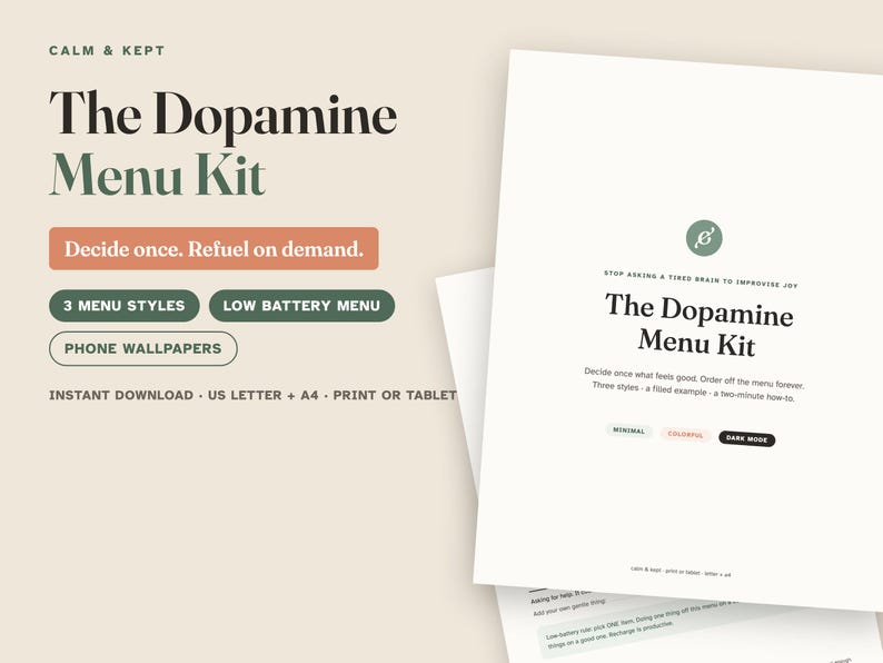 Menu dopaminy do druku, zestaw menu dopaminy ADHD w formacie PDF, 3 style + ekran blokady telefonu + menu przy niskim poziomie baterii, szablon Dopamenu, samoopieka w ADHD zdjęcie 1