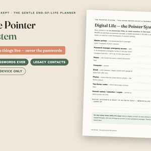 May include: A planner page titled The Pointer System with sections for digital life management. It includes text fields for master pointers, password manager access, device locations, email, photos, two-factor codes, and social account instructions.