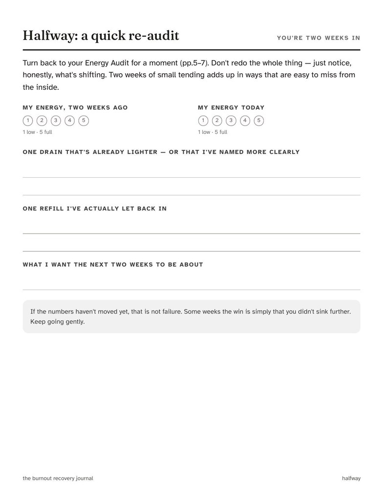 May include: A black and white printed journal page titled Halfway: a quick re-audit. It includes sections for energy tracking, identifying energy drains and refills, and setting goals for the next two weeks, with a note about gentle progress.