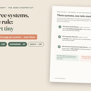 May include: A digital document titled Calm & Kept The ADHD Starter Kit featuring the text Three systems, one rule: start tiny. It includes a breakdown of The Home & Life Planner, The Dopamine Menu Kit, and The Executive Dysfunction Daily System.