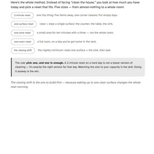 Peut inclure: Une page intitul&eacute;e The Reset List issue d'un livre, pr&eacute;sentant une m&eacute;thode de nettoyage avec cinq cat&eacute;gories : 2-minute reset, one-surface reset, one-zone reset, one-room reset et the closing shift. Elle explique comment adapter la t&acirc;che &agrave; sa capacit&eacute;.